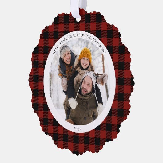 メリーモダンクリスマス赤バッファローのチェックフォト オーナメントカード (左)