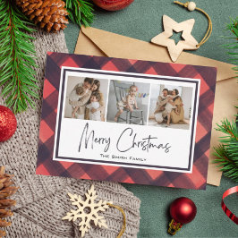 メリーモダンクリスマス赤ブラックプレイドホリデー シーズンカード