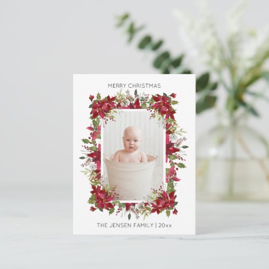 メリーモダンクリスマス赤ポインセチア写真 シーズンポストカード (スタンド正面)