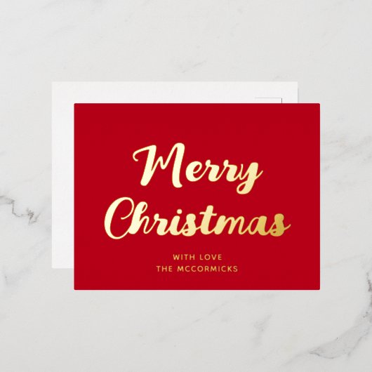 メリーモダンクリスマス赤金ゴールドスクリプシンプルト 箔シーズンポストカード (正面/裏面)