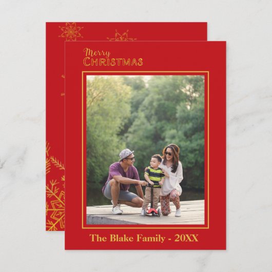 メリーモダンクリスマス赤金ゴールド家族写真 ノートカード (正面/裏面)