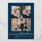 メリーモダンクリスマス金ゴールドスクリプト海軍3写真 箔シーズンカード (正面)