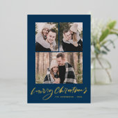 メリーモダンクリスマス金ゴールドスクリプト海軍3写真 箔シーズンカード (立ち正面)