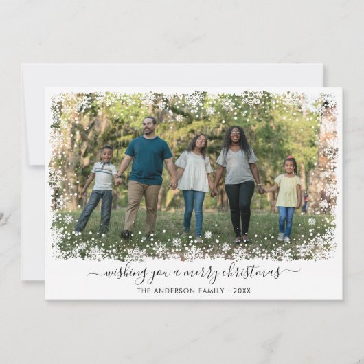 メリーモダンクリスマス雪スノーフレークのスクリプト写真 シーズンカード (正面)