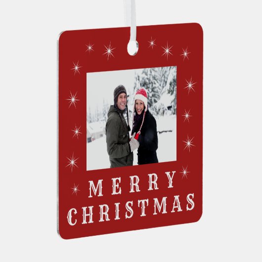 メリーモダンクリスマス雪ファミリー写真赤 メタルオーナメント (正面右)