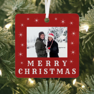 メリーモダンクリスマス雪ファミリー写真赤 メタルオーナメント