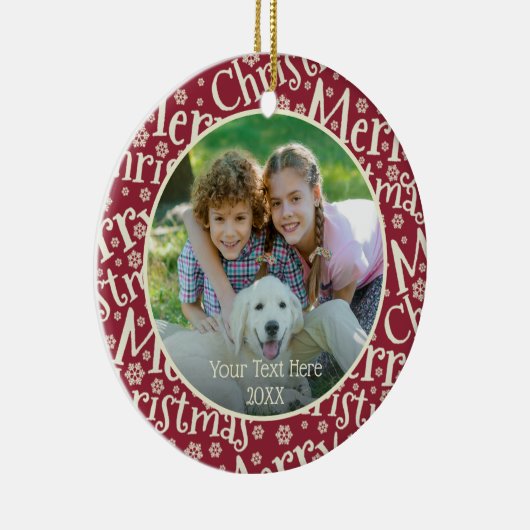 メリーモダンクリスマス雪片フォトクランベリー セラミックオーナメント (右)