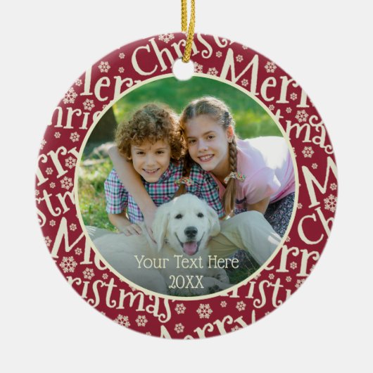 メリーモダンクリスマス雪片フォトクランベリー セラミックオーナメント (正面)