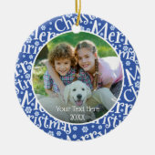 メリーモダンクリスマス青いスノーフレーク写真 セラミックオーナメント (正面)