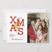 メリーモダンクリスマス1家族の写真かわいい赤い格子柄 シーズンカード (正面)