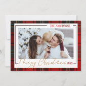 メリーモダンクリスマス1家族の写真レッドプレイド シーズンカード (正面)