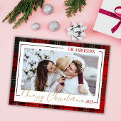 メリーモダンクリスマス1家族の写真レッドプレイド シーズンカード