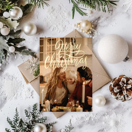メリーモダンクリスマス2家族の写真金ゴールド 箔シーズンカード
