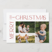 メリーモダンクリスマス3フォトレッドタイポグラフィ シーズンカード (正面)