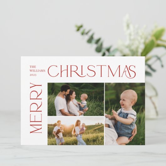 メリーモダンクリスマス3フォトレッドタイポグラフィ シーズンカード (スタンド正面)