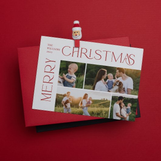 メリーモダンクリスマス4フォトレッドタイポグラフィ シーズンカード