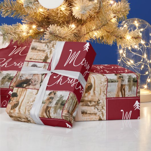 メリーモダンクリスマス5枚の写真コラージュ赤 ラッピングペーパー (クリスマス)
