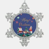 メリーモダンクリスマス – サンタクロース&ギフトホリデー スノーフレークピューターオーナメント (正面)