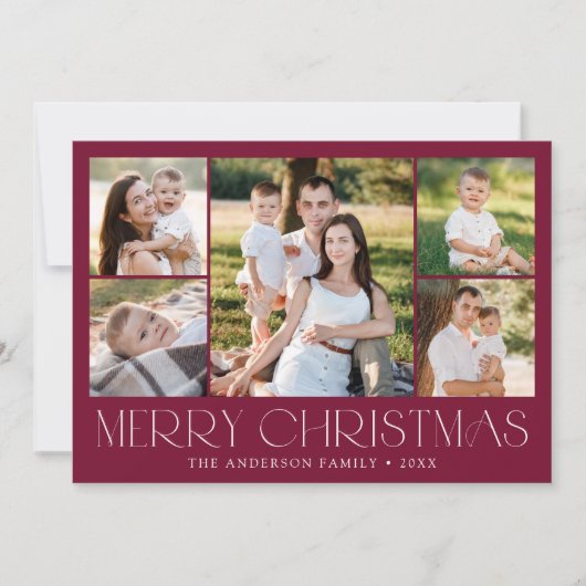 メリーモダンクリスマスBurgundy写真コラージュ シーズンカード (正面)