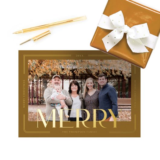 メリーモダンシンプル金ゴールドフレームファミリ写真 箔シーズンカード