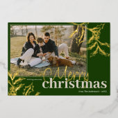 メリーモダンスカスタムクリスマス写真グリーン金ゴールド 箔シーズンカード (正面)
