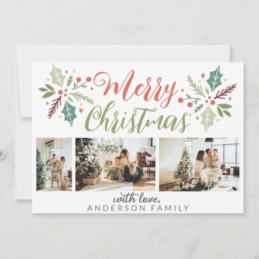 メリーモダンスクリスマスベリーの葉の写真コラージュ シーズンカード (正面)