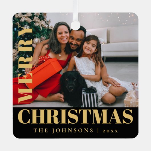 メリーモダンススタイリッシュクリスマス家族フォトメタル メタルオーナメント (正面)