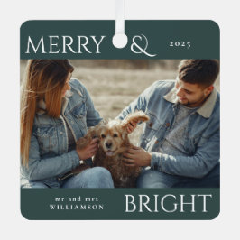 メリーモダンススタイリッシュクリスマス家族写真グリーン メタルオーナメント