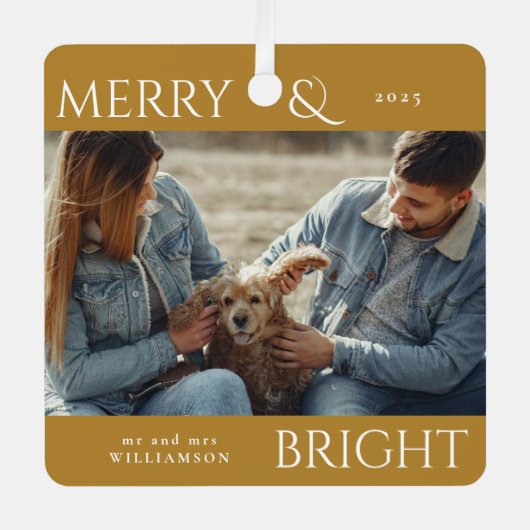 メリーモダンスタイリッシュクリスマス家族の写真金ゴールド メタルオーナメント (正面)