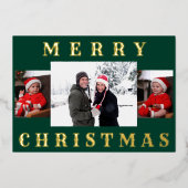 メリーモダンスミニマルクリスマス家族写真グリーン 箔シーズンカード (正面)
