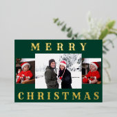 メリーモダンスミニマルクリスマス家族写真グリーン 箔シーズンカード (立ち正面)