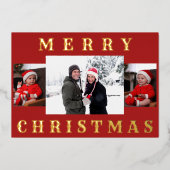 メリーモダンスミニマルクリスマス家族写真赤 箔シーズンカード (正面)