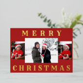 メリーモダンスミニマルクリスマス家族写真赤 箔シーズンカード (立ち正面)