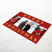 メリーモダンスミニマルクリスマス家族写真赤 箔シーズンカード (回転した状態)