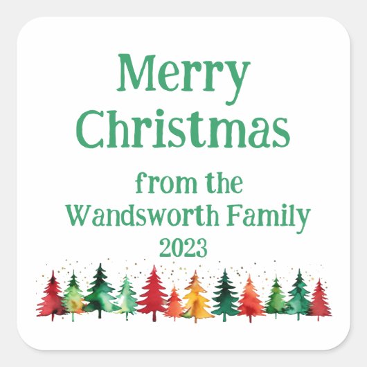 メリーモダンス・カラフルクリスマスの水彩樹 スクエアシール (正面)