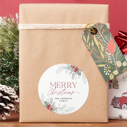 メリーモダンミニマルクリスマスの緑 ラウンドシール (クリスマス)