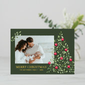 メリーモダンミニマルスのクリスマスの葉の緑の金ゴールド 箔シーズンカード (立ち正面)