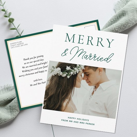 メリーモダン結婚したGreen Script Photo Christmas シーズンポストカード