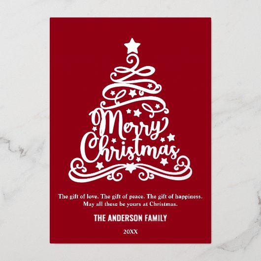 メリーモダン・クリスマス・ファミリー・ツリー・シルバー 箔シーズンカード (正面)