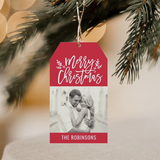 メリーモダン・クリスマス・レッド・スクリプトの写真 ギフトタグ