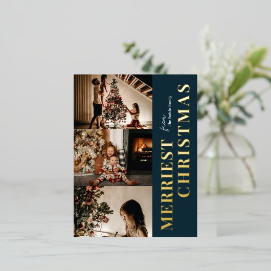 メリーモダンChristmas Blue金ゴールドScript写真 箔シーズンポストカード (立ち正面)