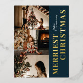 メリーモダンChristmas Blue金ゴールドScript写真 箔シーズンポストカード (正面)