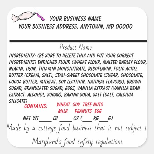 メリーランドコテージ法ラベル家庭食品事業 スクエアシール (正面)