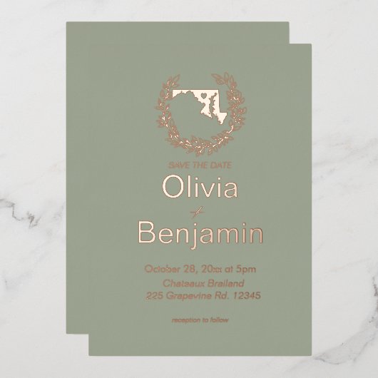 メリーランド州行き先結婚式 箔招待状 (正面/裏面)