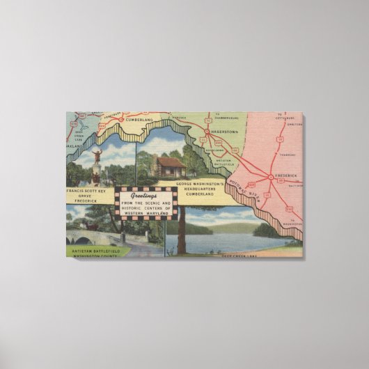メリーランド州西部からの挨拶（詳細地図） キャンバスプリント (正面)