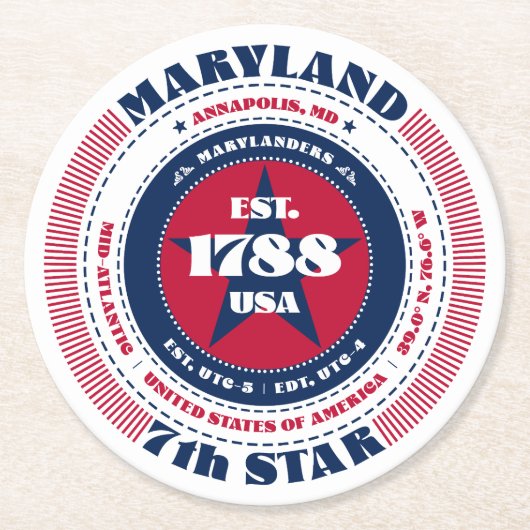 メリーランド赤白青タイポグラフィ ラウンドペーパーコースター (正面)