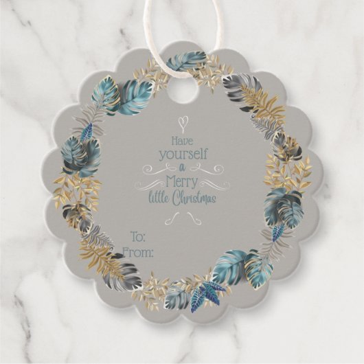 メリーリトルクリスモダンスブルーの葉リース フェイバータグ (正面)