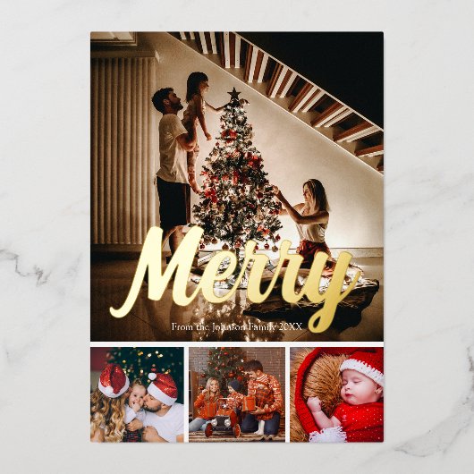 メリー休日の写真コラージュ金ゴールド文字 箔シーズンカード (正面)