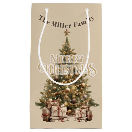 メリー伝統的クリスマスアンティーク金ゴールドカスタム スモールペーパーバッグ (正面)