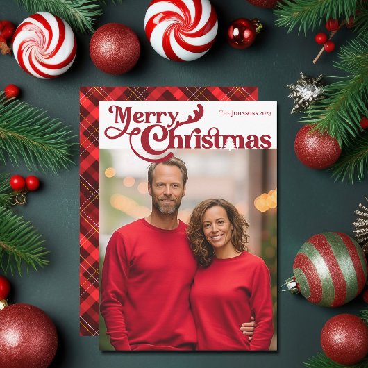 メリー伝統的クリスマス写真レッドプレイドタータンチェック シーズンカード
